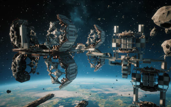 HD Everspace-themed desktop wallpaper depicting a detailed space station with asteroids and a planet backdrop.