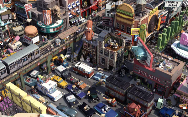 HD PC desktop wallpaper featuring a vibrant low poly artistic city scene with busy streets, colorful buildings, and detailed urban elements.
