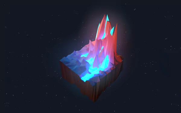 A low poly, artistic space-themed 3D terrain with glowing peaks in vibrant blue and red hues, designed as an HD PC desktop wallpaper and background.