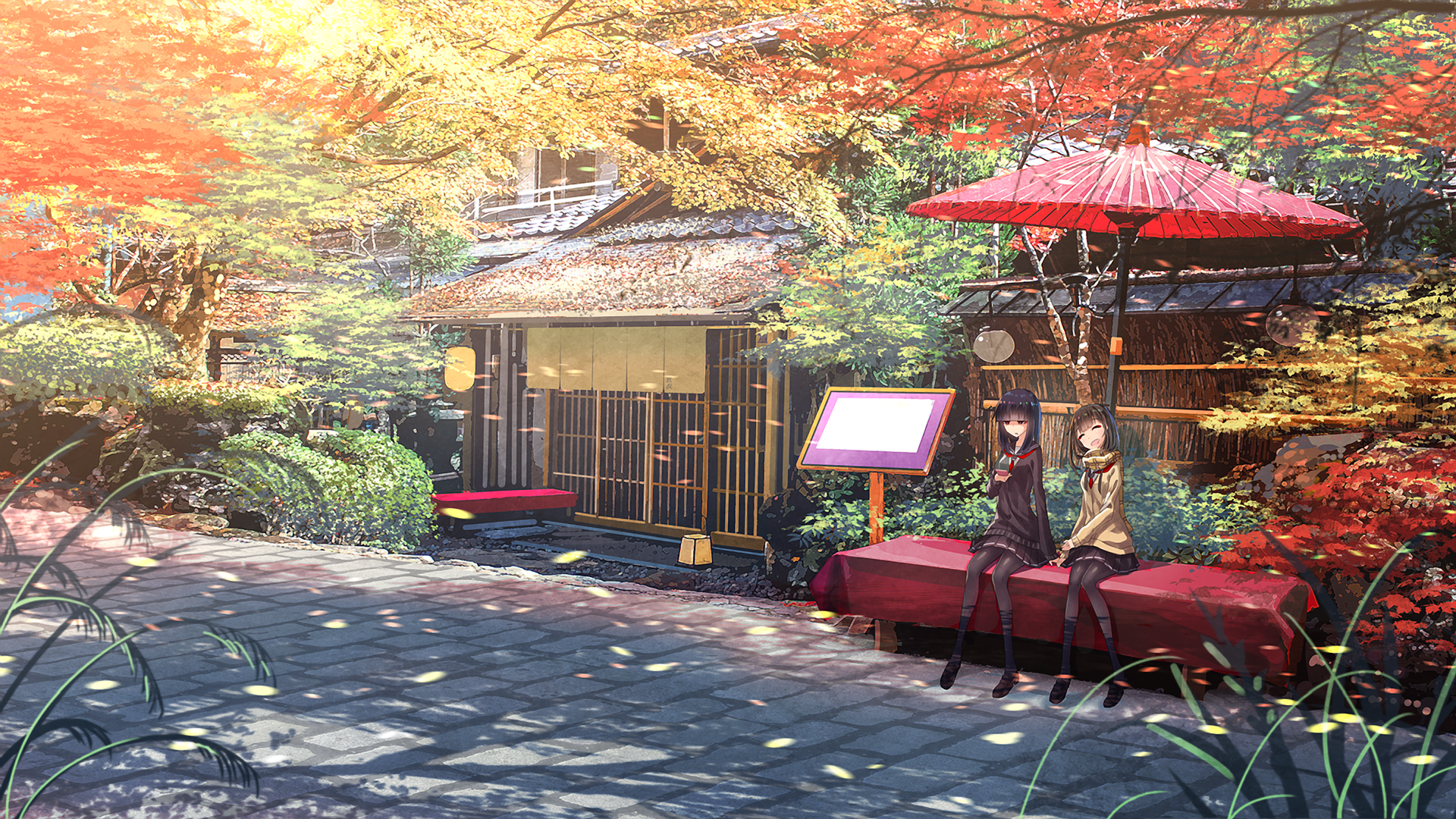 Anime-style HD desktop wallpaper featuring two characters sitting under a red umbrella beside a traditional Japanese building surrounded by vibrant autumn foliage.