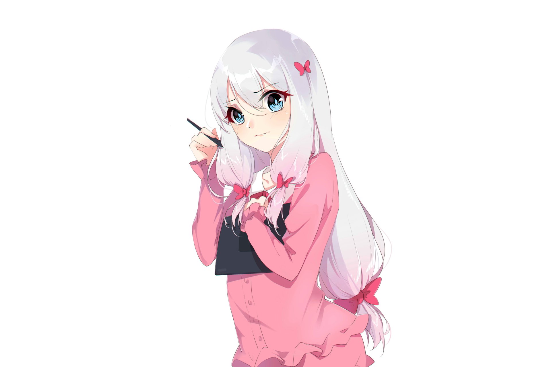 Sagiri Izumi from EroManga-Sensei — anime 5K Ultra HD desktop wallpaper of a white-haired girl in a pink sweater holding a stylus and tablet with a shy smile.