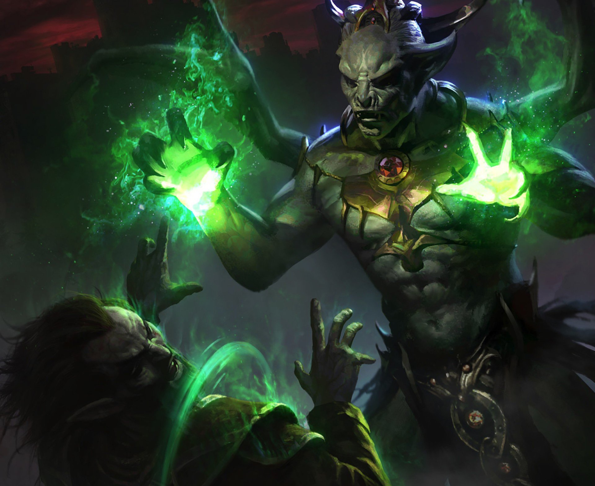 HD PC desktop wallpaper featuring a dark, powerful figure casting green magic in The Elder Scrolls: Legends video game.