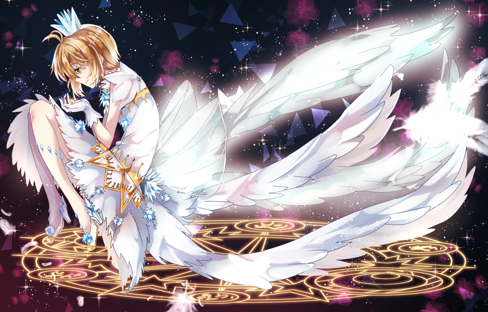 HD PC desktop wallpaper of Sakura Kinomoto from Cardcaptor Sakura, depicted in an angelic pose with detailed white wings and magical symbols in an anime style.
