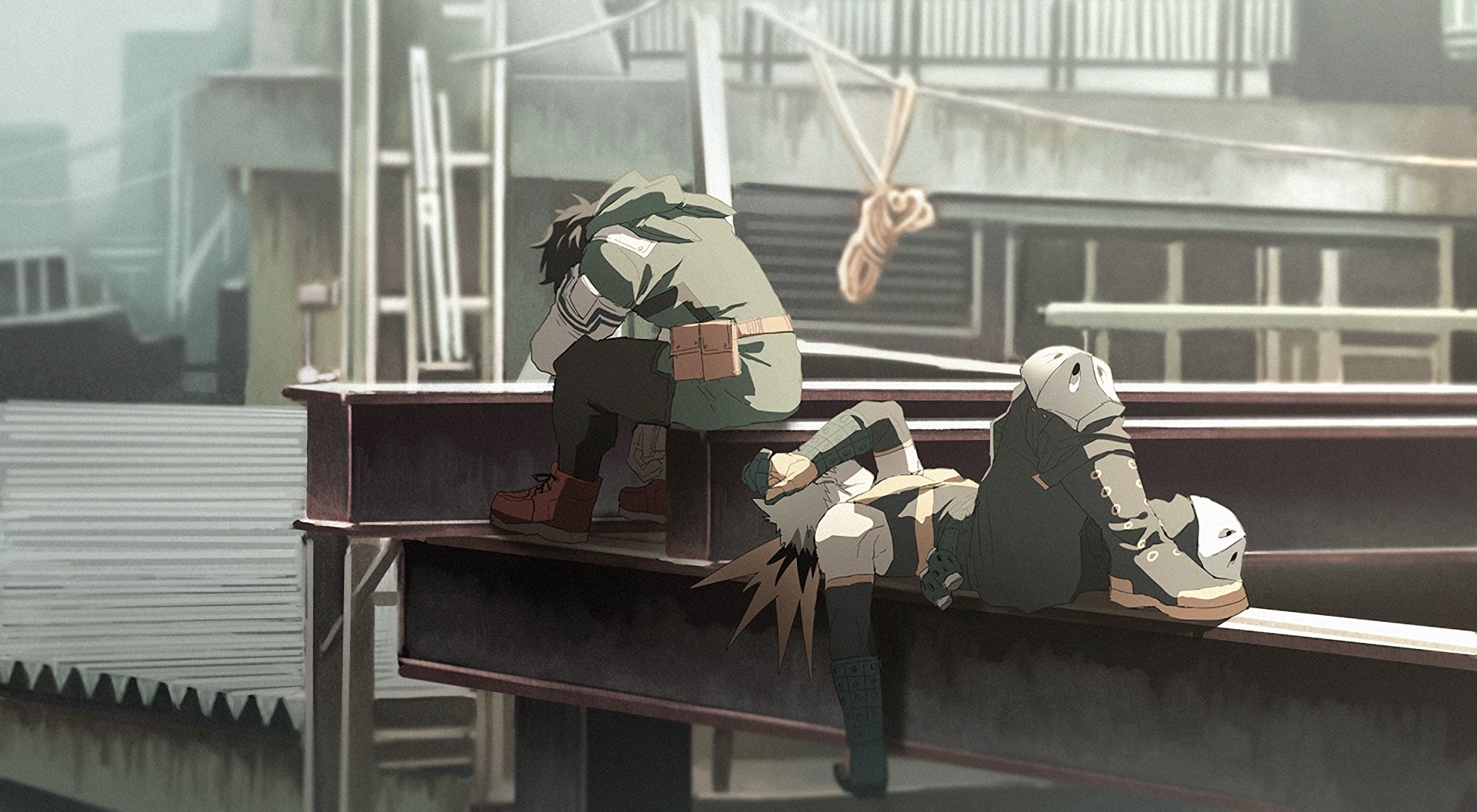 HD desktop wallpaper of an Anime scene from My Hero Academia, featuring two characters resting on a metal beam in an industrial setting.
