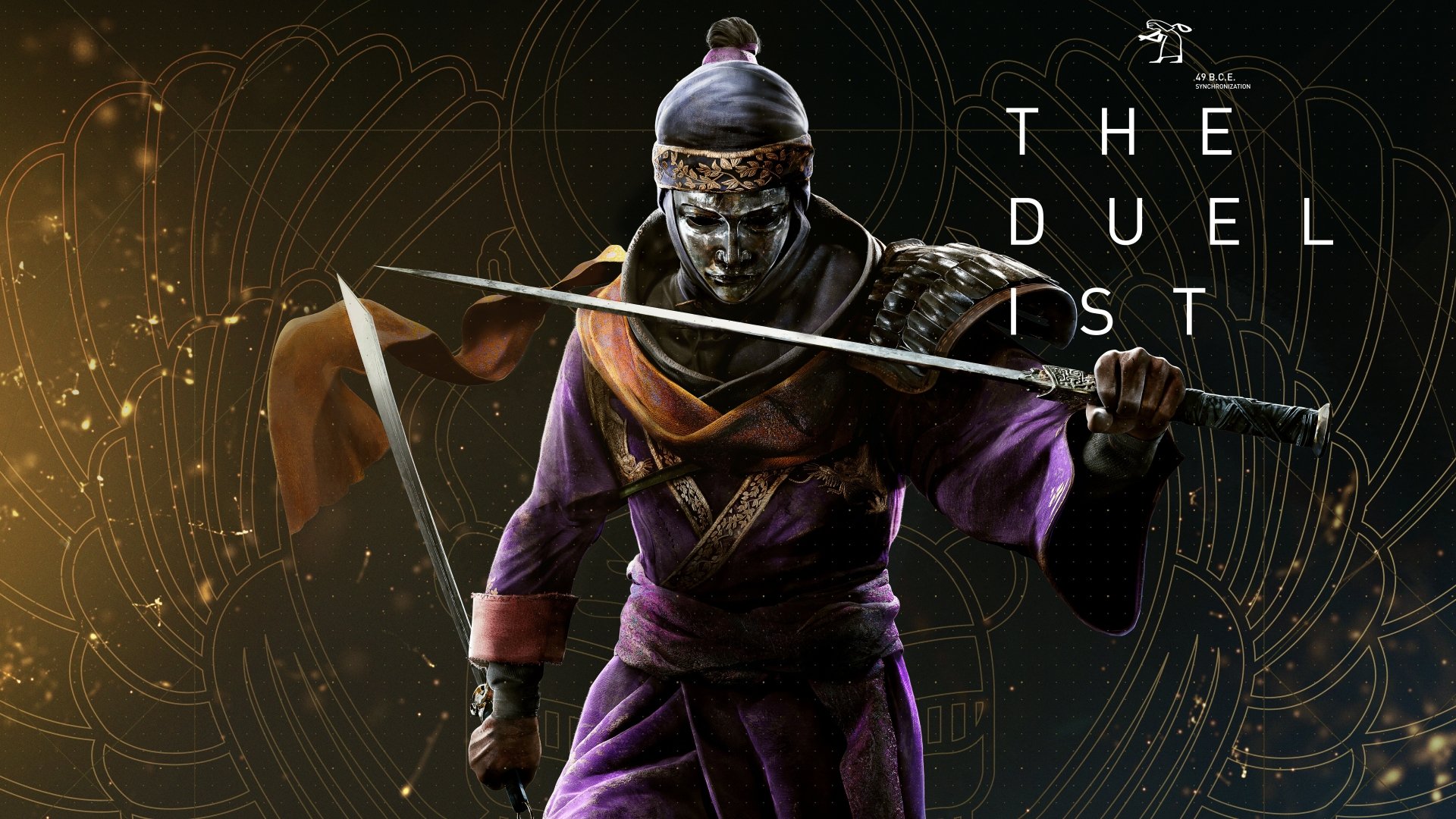 Assassin's Creed Origins duelist in purple robes and metal face mask, crossing swords against a stylized dark backdrop with The Duelist text — 8K Ultra HD PC desktop wallpaper.