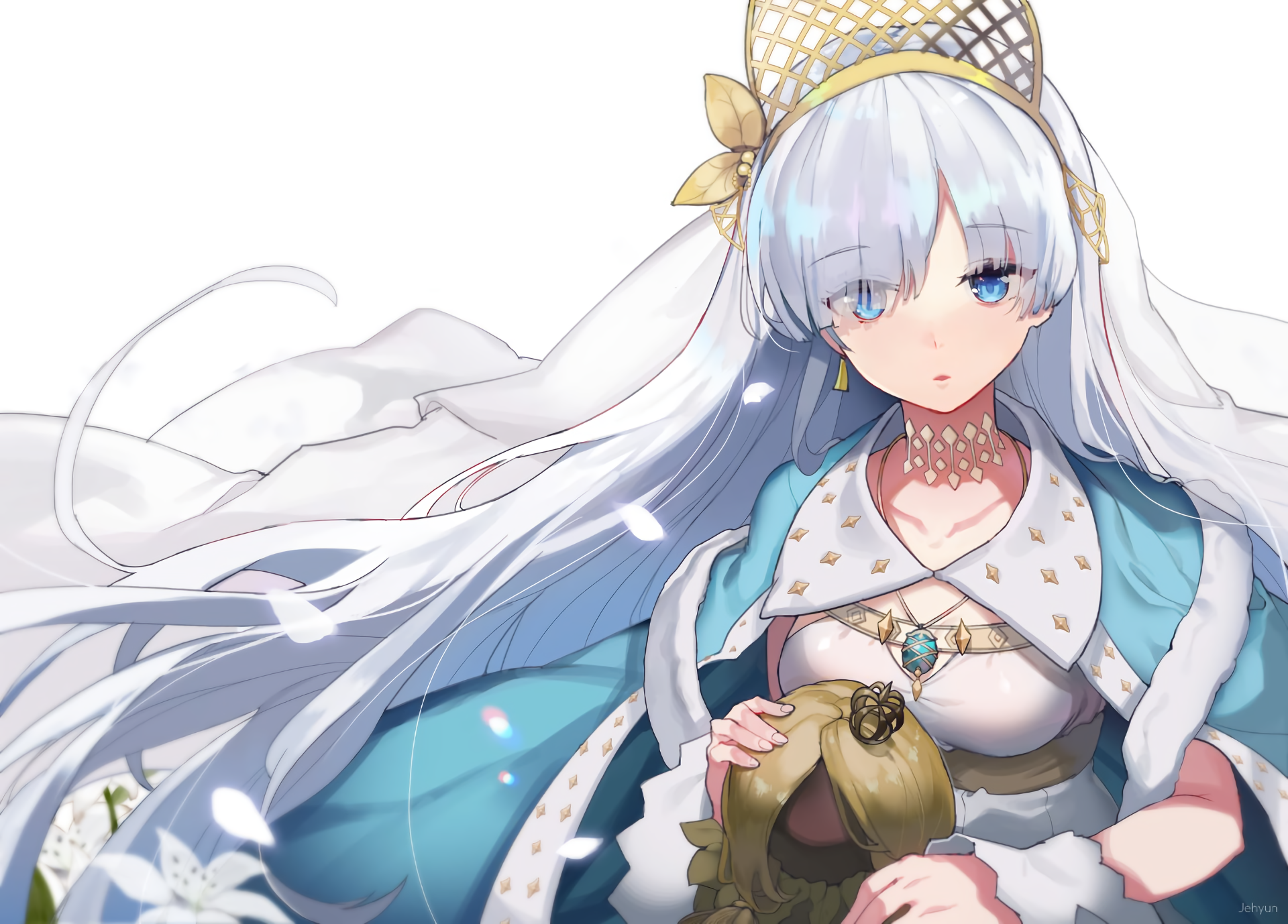 HD PC wallpaper of Anastasia (Fate/Grand Order): anime portrait, long silver hair, blue cloak, jewel crown, clutching a golden orb on a pale, airy background.