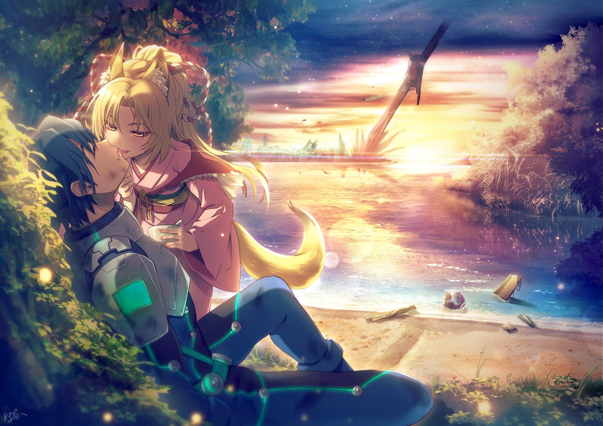 HD anime wallpaper depicting an original artwork of a serene lakeside scene at sunset. A contented couple shares a tender moment, framed by lush greenery and the warm colors of the setting sun.