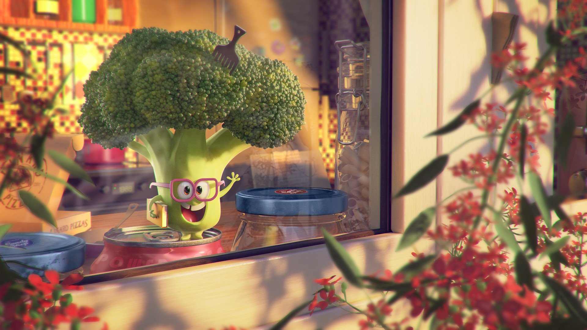 3D artistic HD desktop wallpaper showing a cheerful broccoli character wearing glasses, holding a book by a sunlit window with vibrant flowers outside.