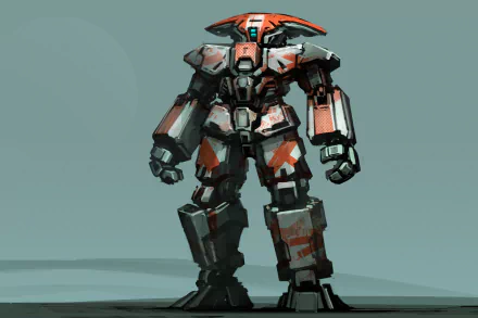 HD sci-fi desktop wallpaper featuring a detailed, futuristic robot standing against a muted background, showcasing advanced mechanical design and a strong, armored build.