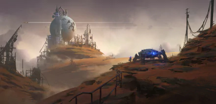 HD wallpaper featuring a Sci-Fi landscape with a futuristic building on a hill, a robotic vehicle, and a spaceship. The scene is set in a desolate, misty environment.