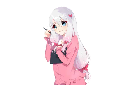 Sagiri Izumi from EroManga-Sensei — anime 5K Ultra HD desktop wallpaper of a white-haired girl in a pink sweater holding a stylus and tablet with a shy smile.