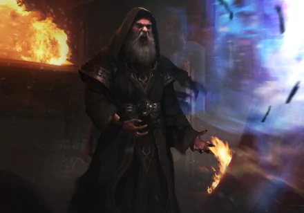 HD PC desktop wallpaper featuring a dark-robed wizard casting fire and magic spells from the video game The Elder Scrolls: Legends.