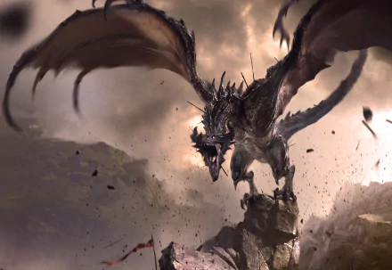 HD PC desktop wallpaper featuring a fierce dragon soaring over a battlefield, inspired by the video game The Elder Scrolls: Legends.