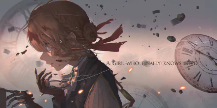 HD desktop wallpaper featuring Violet Evergarden, an anime character from the series Violet Evergarden. She is depicted with emotional intensity amidst floating clock pieces and the phrase A girl who finally knows love.