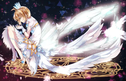 HD PC desktop wallpaper of Sakura Kinomoto from Cardcaptor Sakura, depicted in an angelic pose with detailed white wings and magical symbols in an anime style.