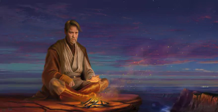 HD desktop wallpaper featuring Obi-Wan Kenobi, portrayed by Ewan McGregor, in a serene sci-fi Star Wars setting, sitting beside a small campfire with a vibrant, twilight sky in the background.