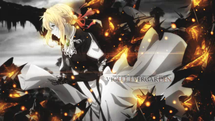 HD desktop wallpaper featuring Violet Evergarden from the anime. The background has a visually striking design with vibrant, glowing elements and a mix of black and white tones.