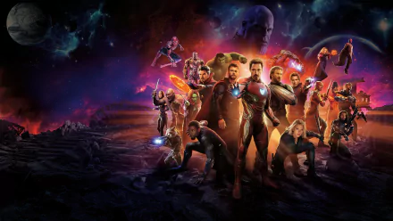 HD desktop wallpaper of Avengers: Infinity War featuring various superheroes in action poses against a cosmic background.