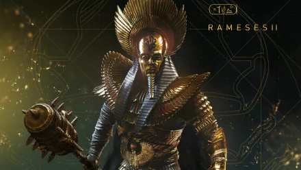 8K Ultra HD PC desktop wallpaper: Ramesses II from Assassin's Creed Origins in gilded pharaonic armor and headdress, wielding a mace against a dark, ornate geometric backdrop.