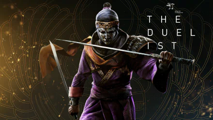 Assassin's Creed Origins duelist in purple robes and metal face mask, crossing swords against a stylized dark backdrop with The Duelist text — 8K Ultra HD PC desktop wallpaper.