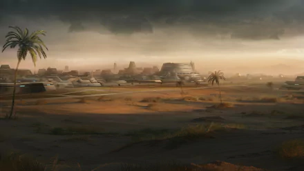 HD desktop wallpaper showcasing a sci-fi city rising from a vast desert landscape under a hazy, futuristic sky.
