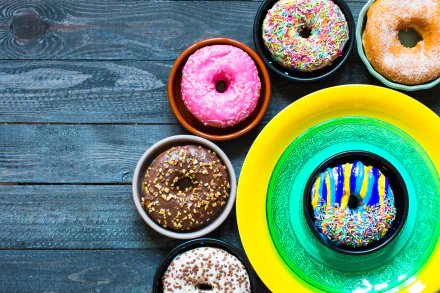 A vibrant 4K Ultra HD still life desktop wallpaper featuring assorted colorful doughnuts with sprinkles, displayed on rustic wooden background and bright plates.