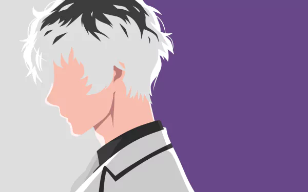 Minimalist HD desktop wallpaper featuring Haise Sasaki from Tokyo Ghoul:re. The image shows him in profile with two-toned black and white hair against a split purple and white background.