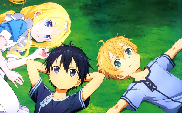 HD desktop wallpaper featuring characters Kazuto Kirigaya (Kirito), Eugeo, and Alice Zuberg from Sword Art Online: Alicization. The characters are lying on grass, smiling and looking up.