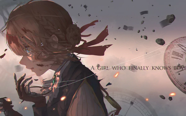 HD desktop wallpaper featuring Violet Evergarden, an anime character from the series Violet Evergarden. She is depicted with emotional intensity amidst floating clock pieces and the phrase A girl who finally knows love.