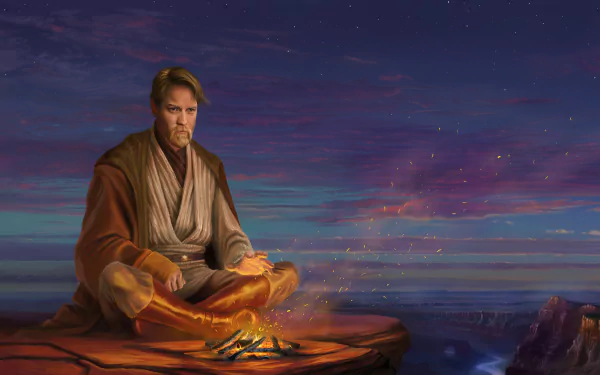HD desktop wallpaper featuring Obi-Wan Kenobi, portrayed by Ewan McGregor, in a serene sci-fi Star Wars setting, sitting beside a small campfire with a vibrant, twilight sky in the background.
