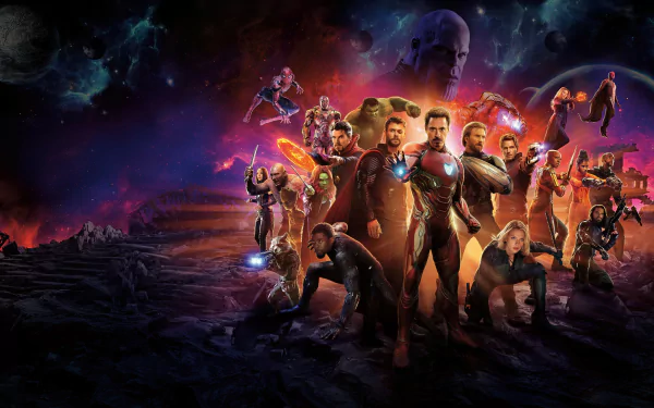 HD desktop wallpaper of Avengers: Infinity War featuring various superheroes in action poses against a cosmic background.