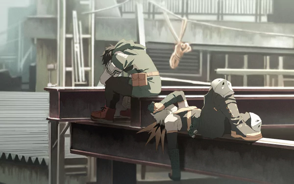 HD desktop wallpaper of an Anime scene from My Hero Academia, featuring two characters resting on a metal beam in an industrial setting.
