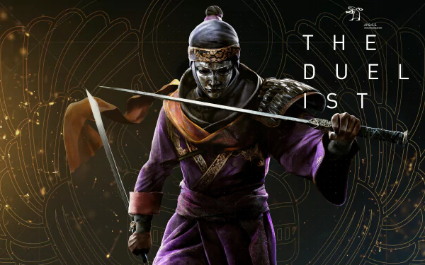 Assassin's Creed Origins duelist in purple robes and metal face mask, crossing swords against a stylized dark backdrop with The Duelist text — 8K Ultra HD PC desktop wallpaper.