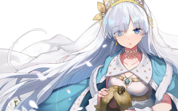 HD PC wallpaper of Anastasia (Fate/Grand Order): anime portrait, long silver hair, blue cloak, jewel crown, clutching a golden orb on a pale, airy background.