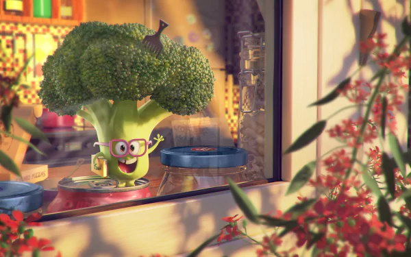 3D artistic HD desktop wallpaper showing a cheerful broccoli character wearing glasses, holding a book by a sunlit window with vibrant flowers outside.