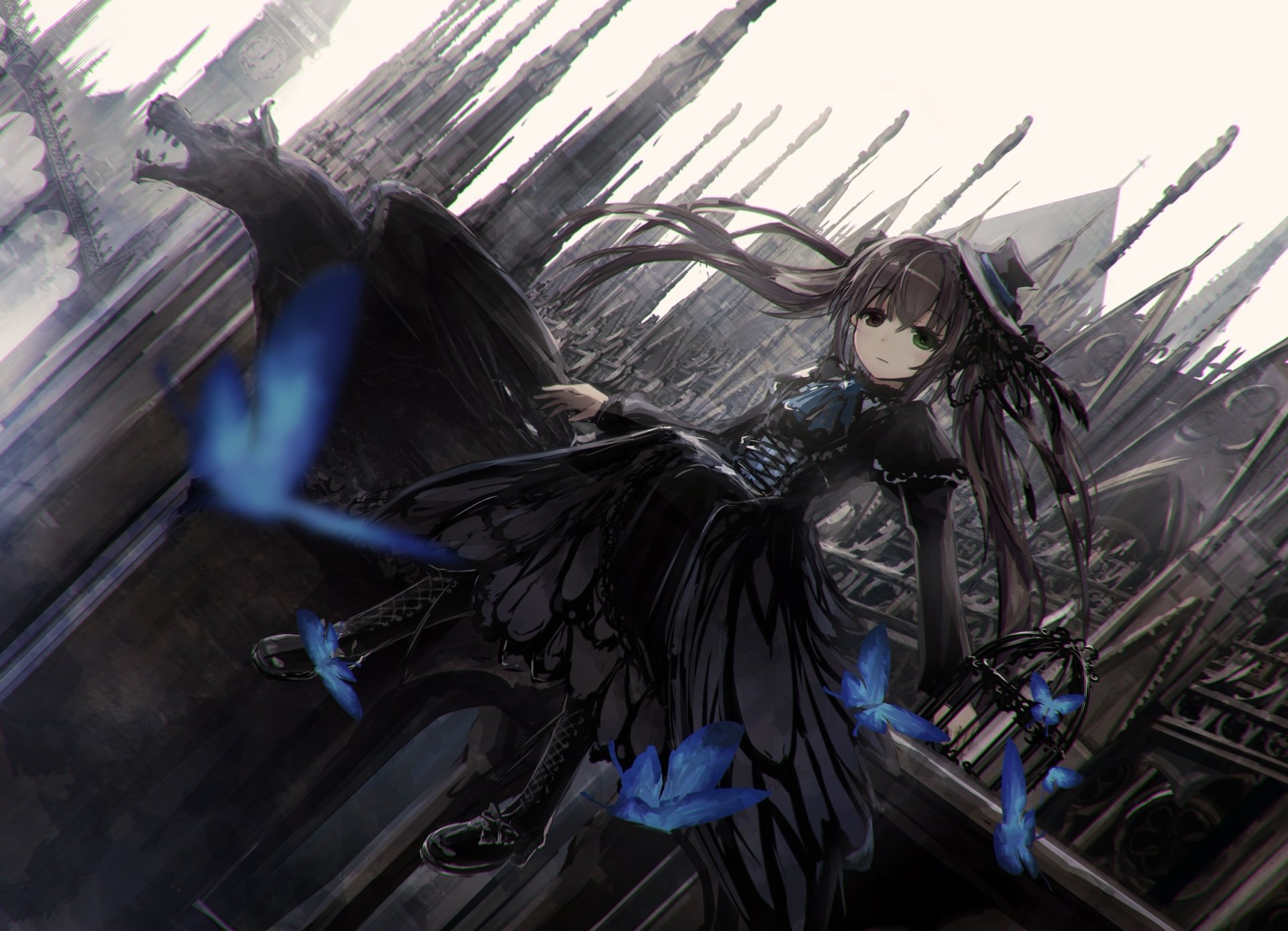 An anime girl with heterochromia and green eyes, wearing a hat and dark clothing, stands by a gargoyle on a castle. She has long brown hair in twintails, with butterflies flitting around her.