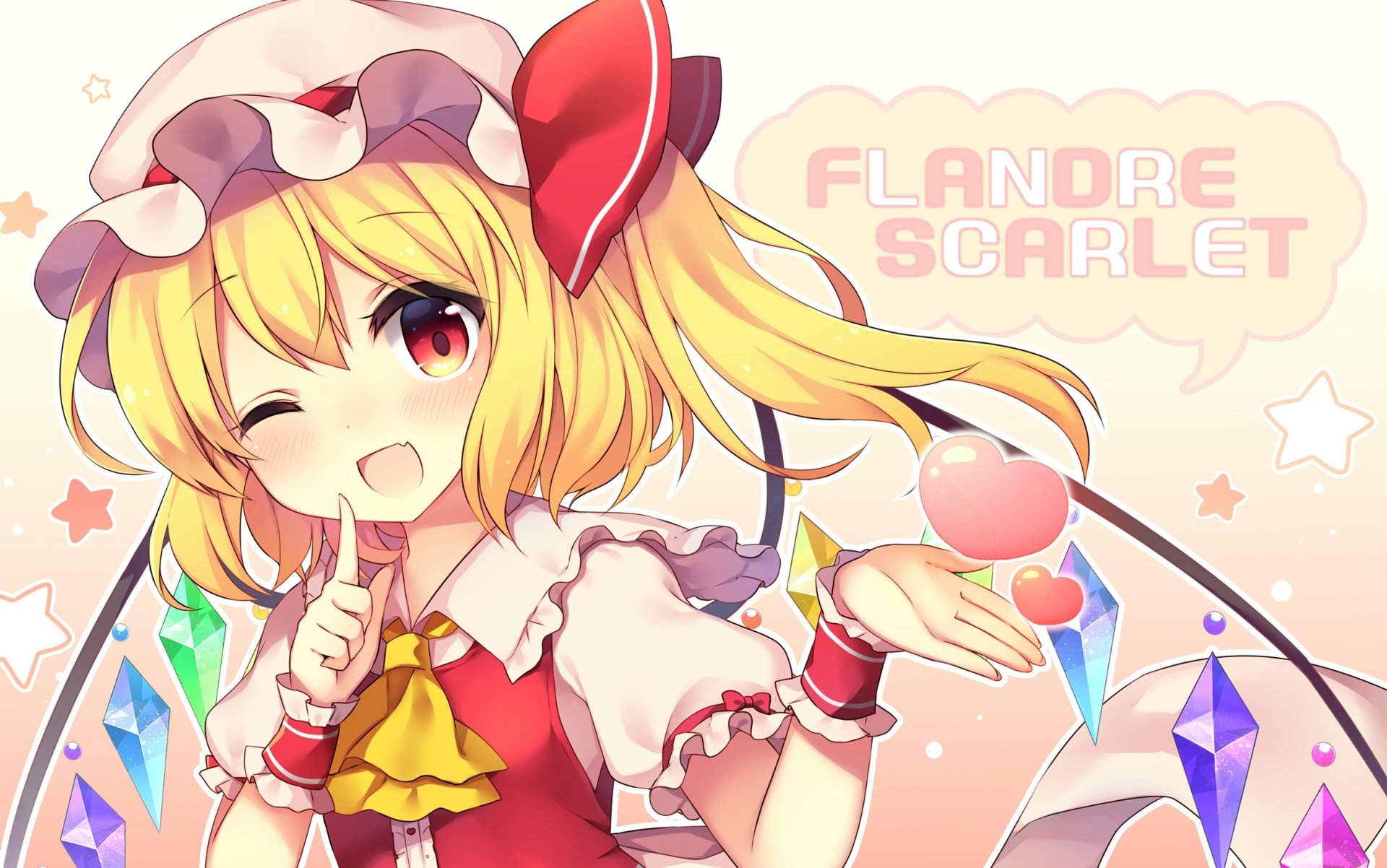 HD PC desktop wallpaper featuring Flandre Scarlet from the anime Touhou, showcasing her playful expression and vibrant, colorful design.