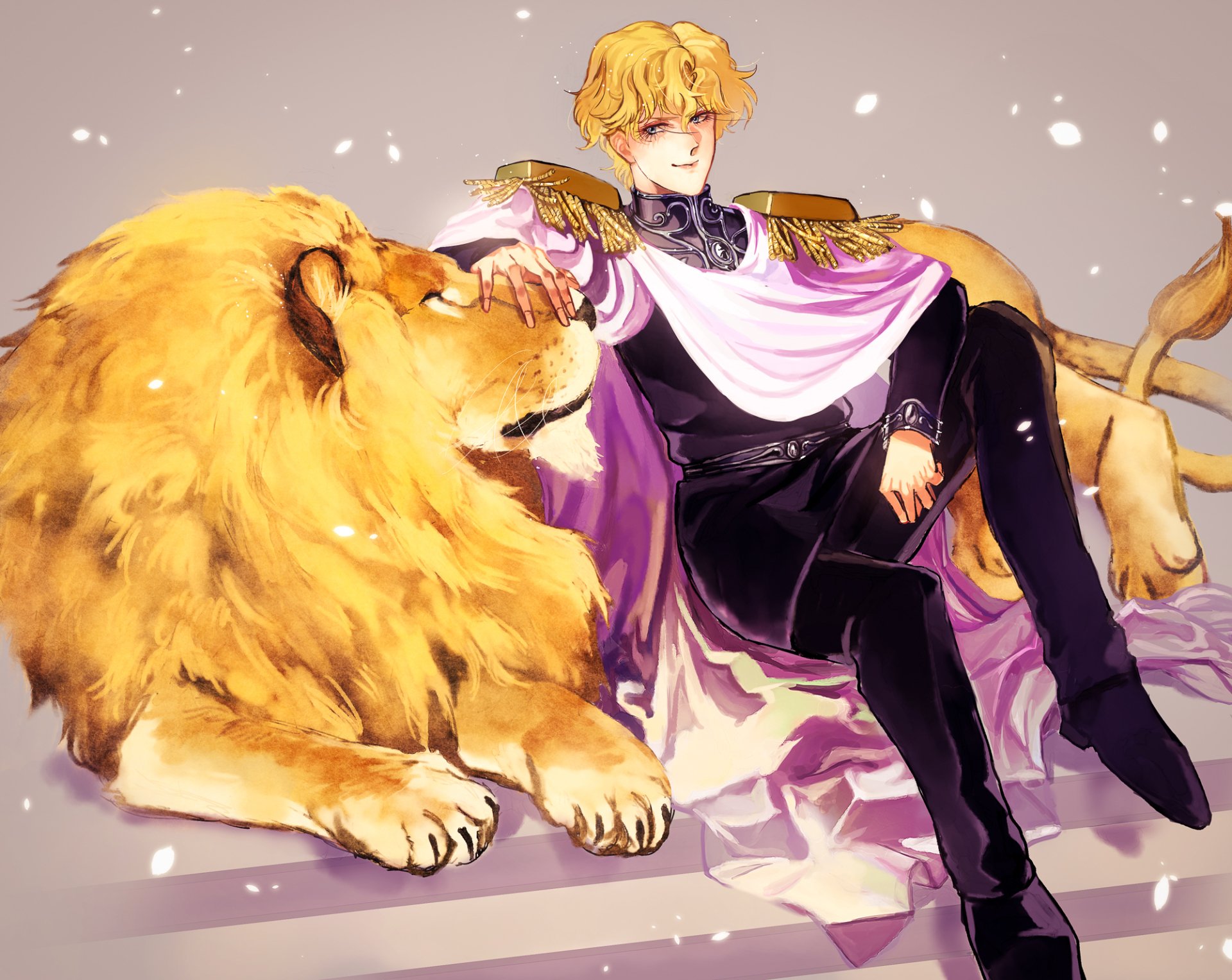 Reinhard von Lohengramm from Legend of the Galactic Heroes: blond noble in a purple-and-gold cape reclining beside a majestic golden lion, anime HD desktop wallpaper.