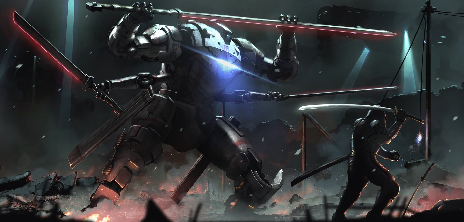 HD PC desktop wallpaper featuring a sci-fi robot wielding glowing red swords amidst a dark, smoky battlefield with silhouetted figures.