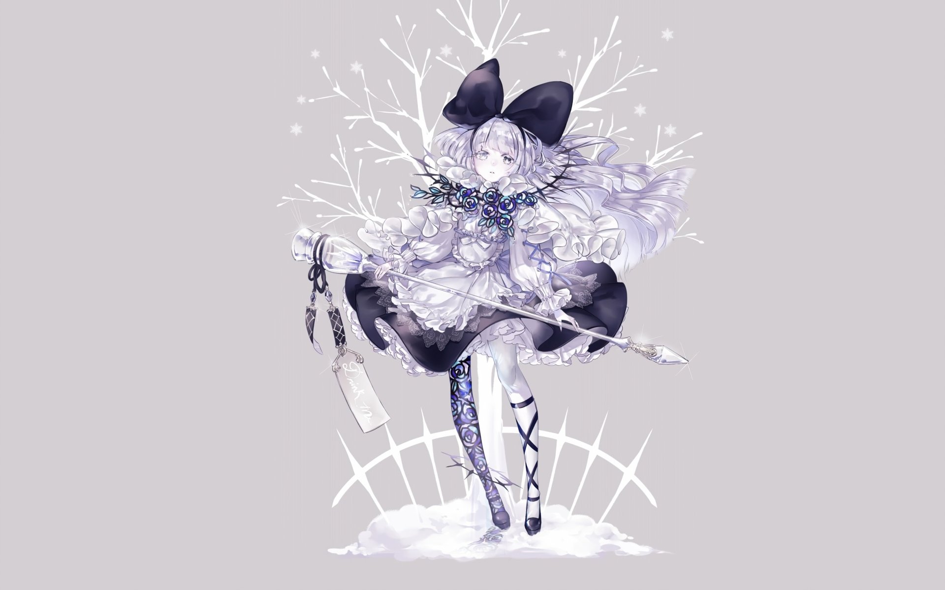 Anime-style character with long white hair, wearing an apron and bow, holding a staff adorned with flowers and snow, set against a minimalist snowy background.