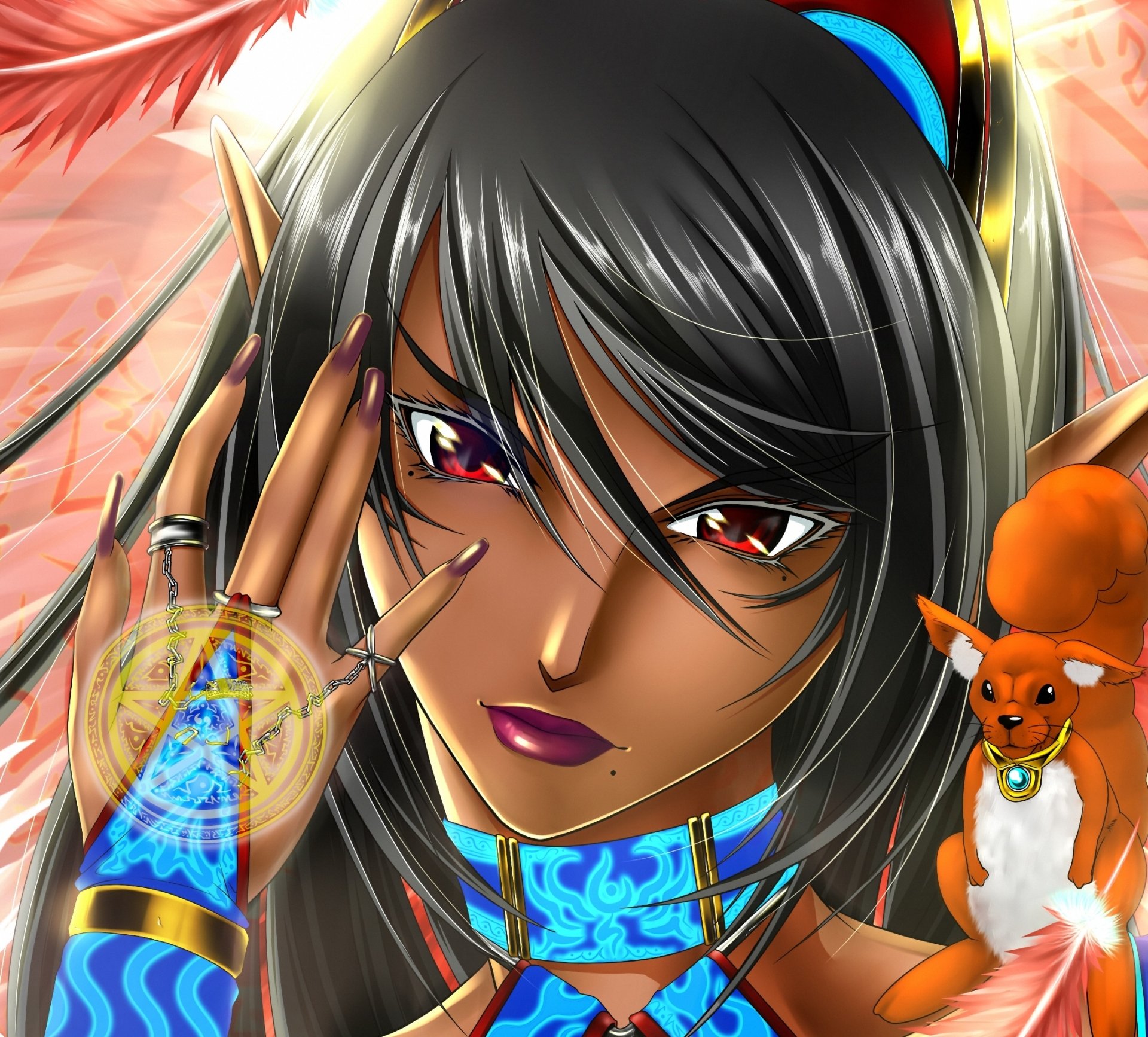 HD anime original PC desktop wallpaper: dark-skinned elf with long black hair, pointed ears and red eyes casts blue magic sigil from jeweled hand; small orange fox perched on shoulder.