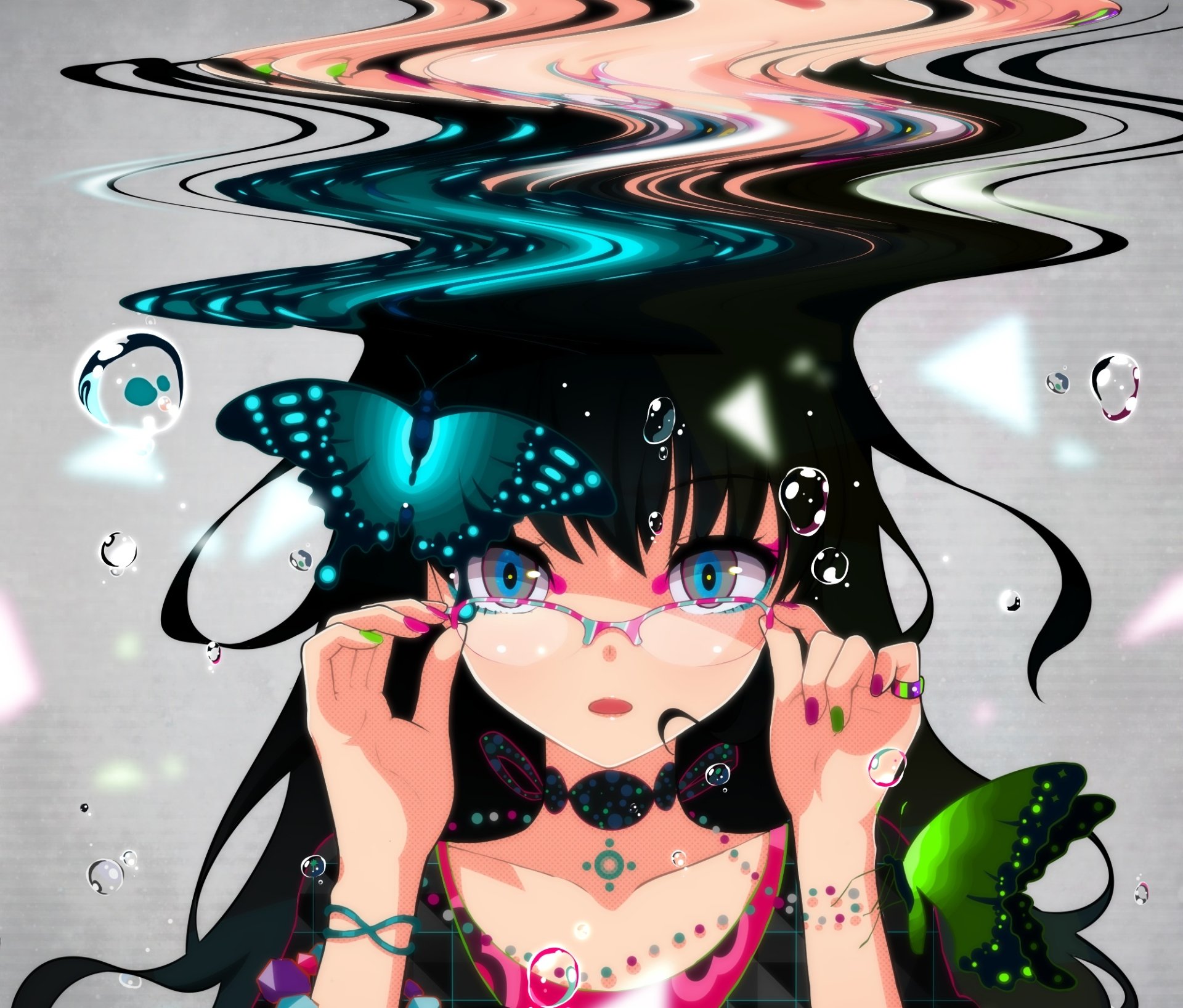 Download Bubble Blue Eyes Butterfly Glasses Black Hair Long Hair Anime Girl Anime Girl HD Wallpaper by LAM