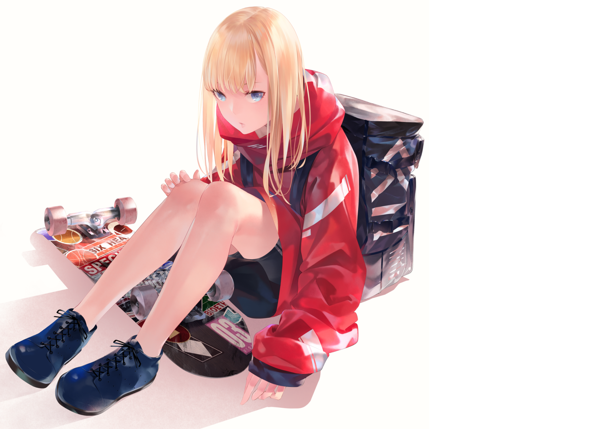 Anime-style HD desktop wallpaper featuring a blonde girl with long hair and blue eyes, wearing a red hoodie, sitting with a skateboard and a bag.