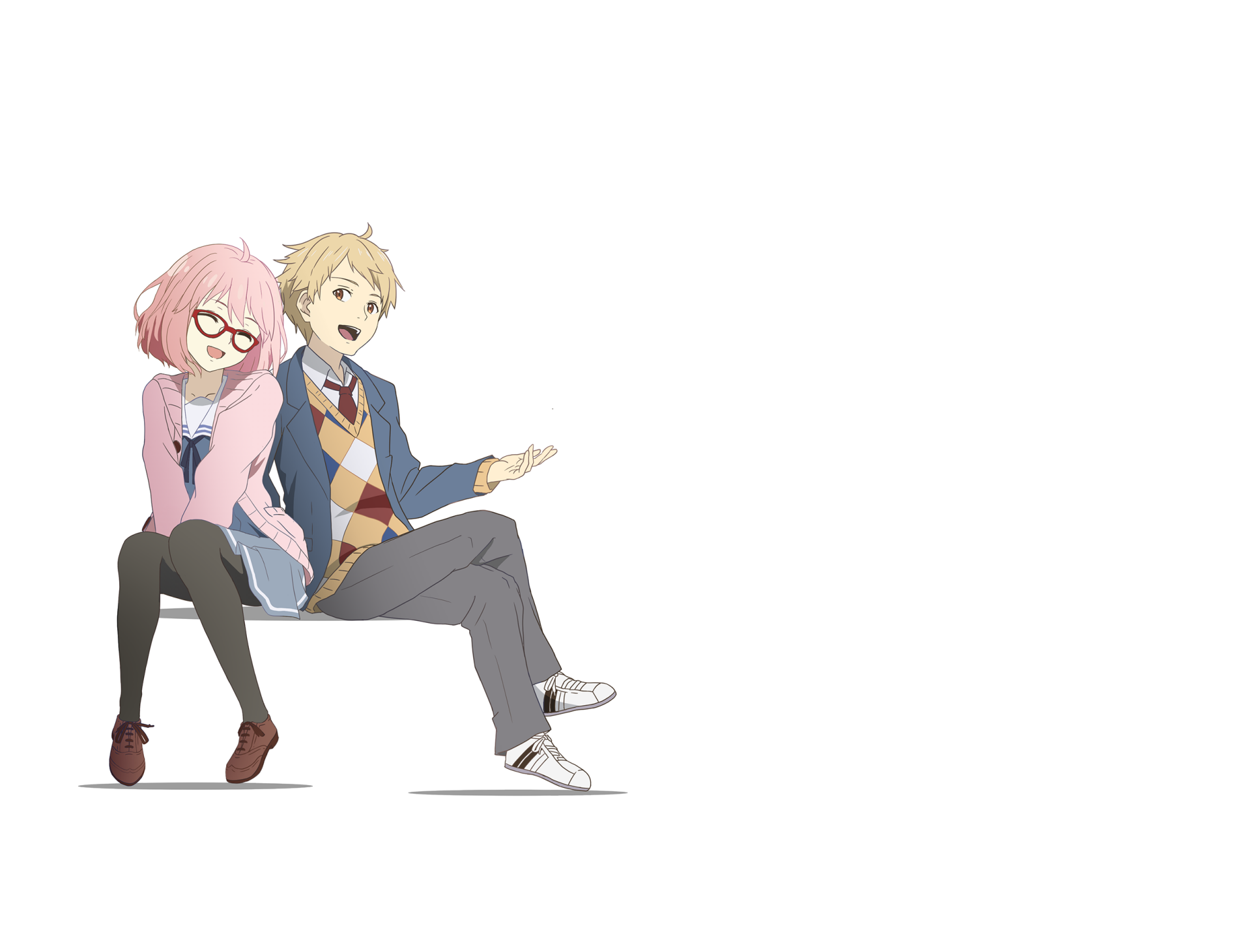 Mirai Kuriyama and Akihito Kanbara from Beyond the Boundary sit side by side on a bench—Mirai with pink hair and glasses, Akihito smiling—minimalist white HD anime desktop wallpaper.