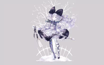 Anime-style character with long white hair, wearing an apron and bow, holding a staff adorned with flowers and snow, set against a minimalist snowy background.