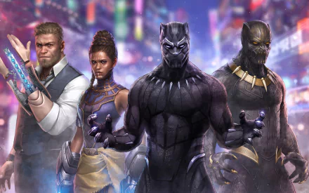 HD desktop wallpaper featuring characters from the movie Black Panther. Four characters stand ready for action with a vibrant cityscape in the background.