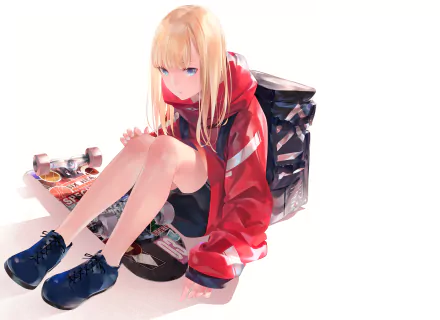 Anime-style HD desktop wallpaper featuring a blonde girl with long hair and blue eyes, wearing a red hoodie, sitting with a skateboard and a bag.