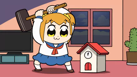 HD desktop wallpaper featuring Popuko from Pop Team Epic, wielding a hammer near a small house, with a playful expression.