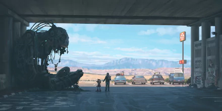 HD desktop wallpaper of a futuristic parking garage featuring a large robot. The Sci-Fi scene includes mountains in the background and parked cars under a clear blue sky.