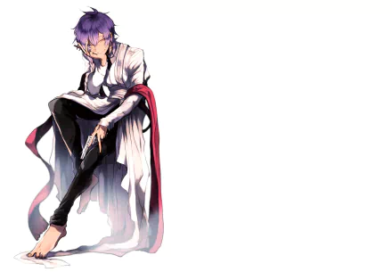 Anime-style character with long purple hair in a braid, pink eyes, a confident smile, and holding a gun, set against a white background as an HD PC desktop wallpaper.